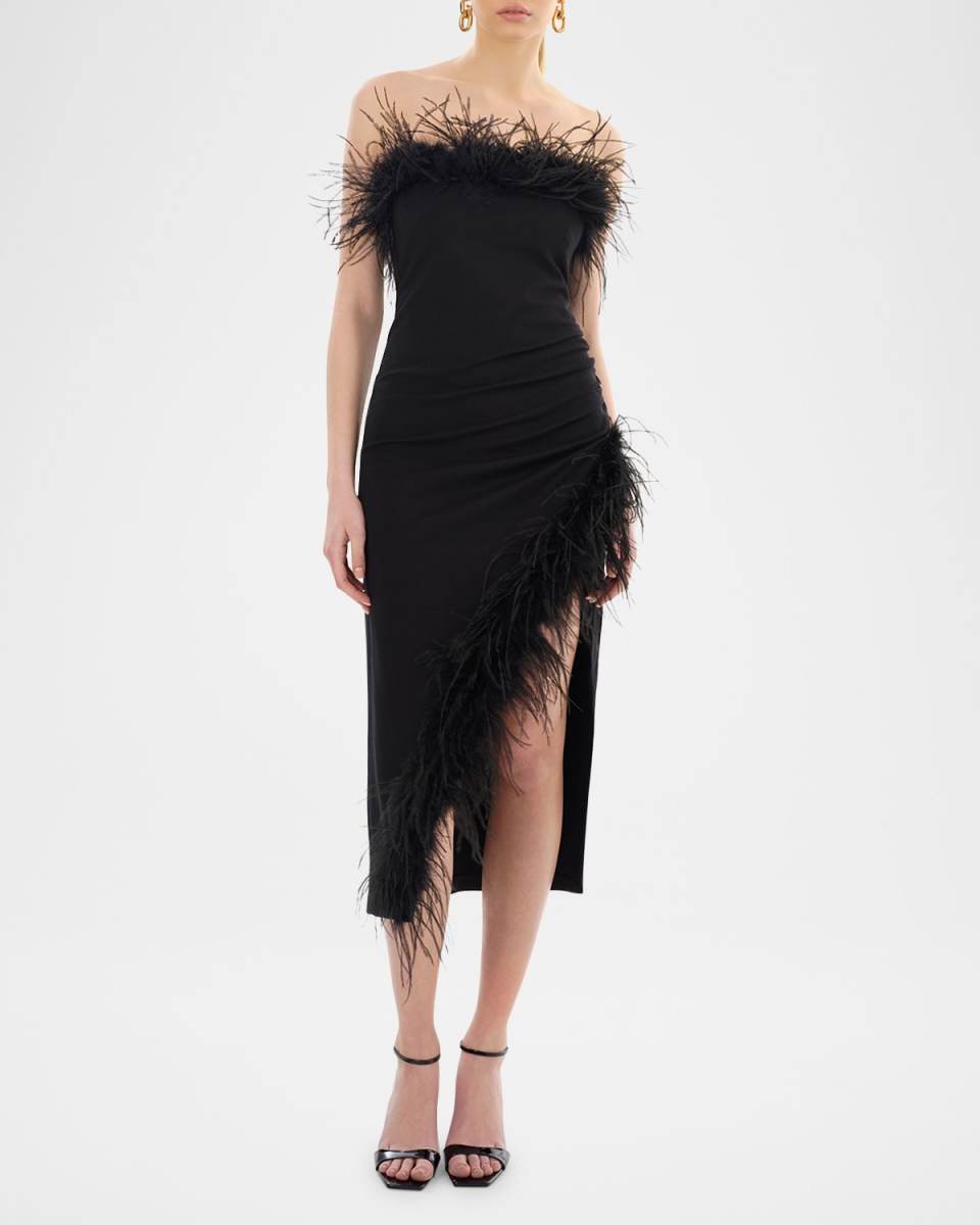 Freya Strapless Feather-Trim Midi Dress